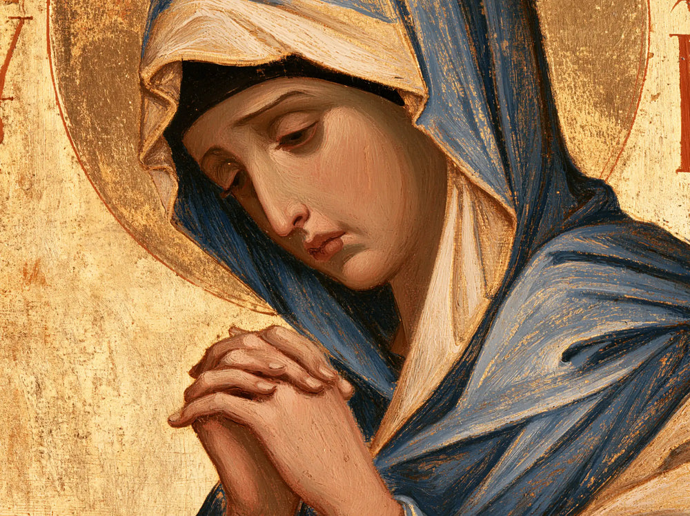the Virgin Mary in prayer in Contemporary Byzantine style, landscape Christian artwork no. 1