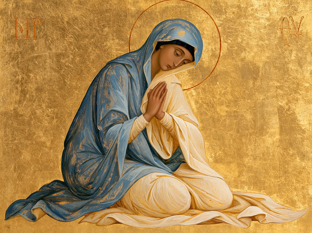 the Virgin Mary in prayer in Contemporary Byzantine style, landscape Christian artwork no. 10
