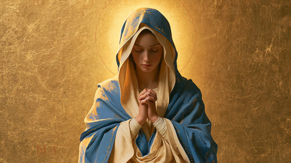the Virgin Mary in prayer in Contemporary Byzantine style, landscape Christian artwork no. 15