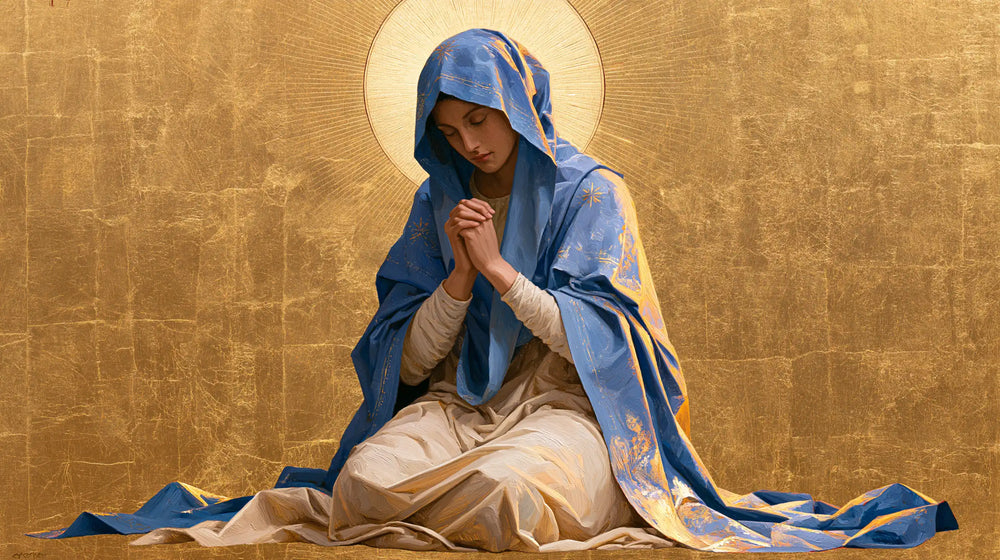 the Virgin Mary in prayer in Contemporary Byzantine style, landscape Christian artwork no. 16