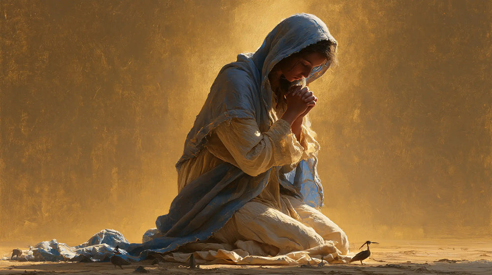 the Virgin Mary in prayer in Contemporary Byzantine style, landscape Christian artwork no. 23