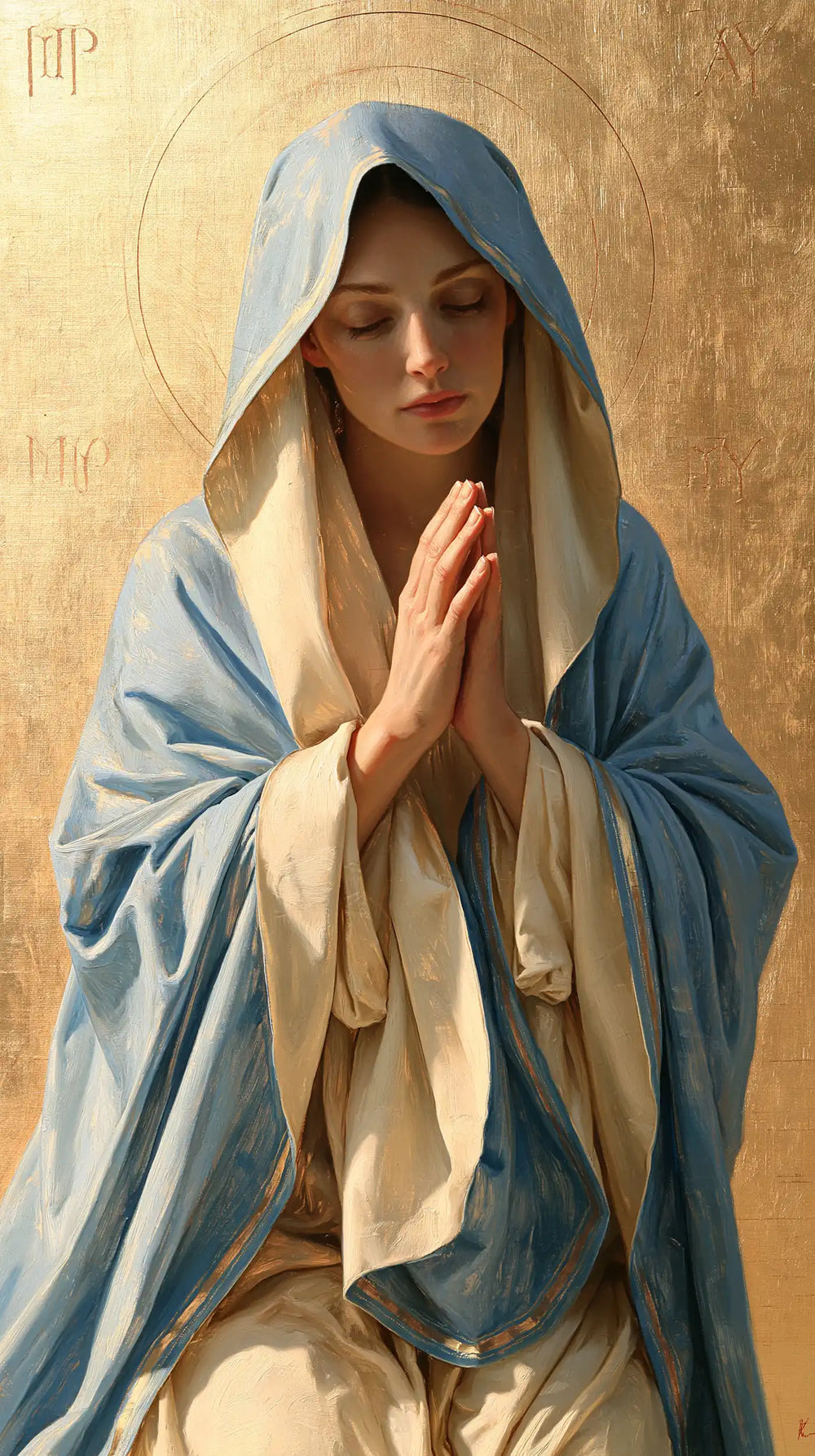 the Virgin Mary in prayer in Contemporary Byzantine style, portrait Christian artwork no. 6