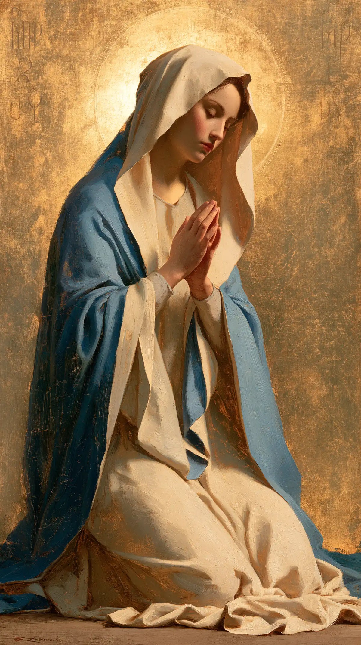 Virgin Mary in Prayer — The Pale Veil in the Warmth of Gold