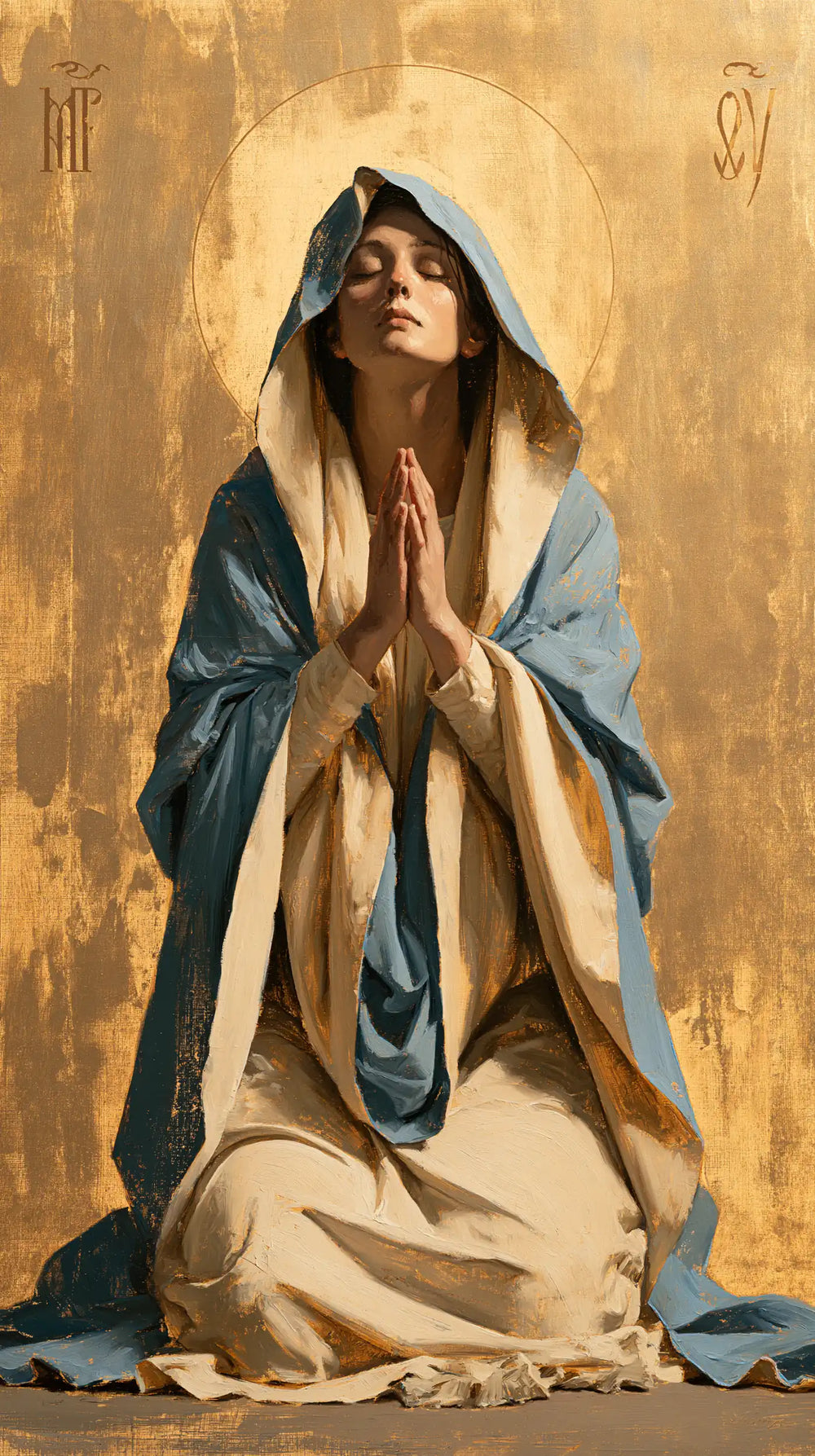 the Virgin Mary in prayer in Contemporary Byzantine style, portrait Christian artwork no. 23