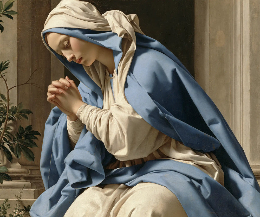 the Virgin Mary in prayer in Florentine Renaissance style, landscape Christian artwork no. 1