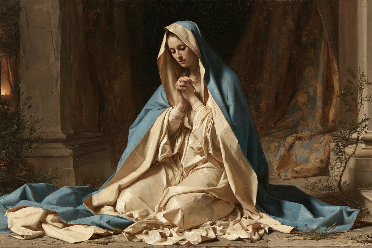Virgin Mary in Prayer — Blue before the Ochre Hanging