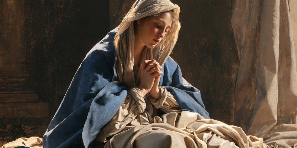 the Virgin Mary in prayer in Florentine Renaissance style, landscape Christian artwork no. 23