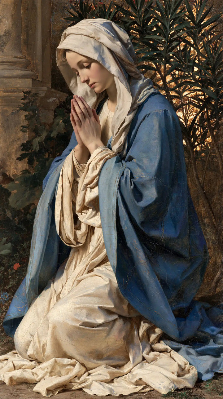 Virgin Mary in Prayer — Contemplation beneath Slender Leaves
