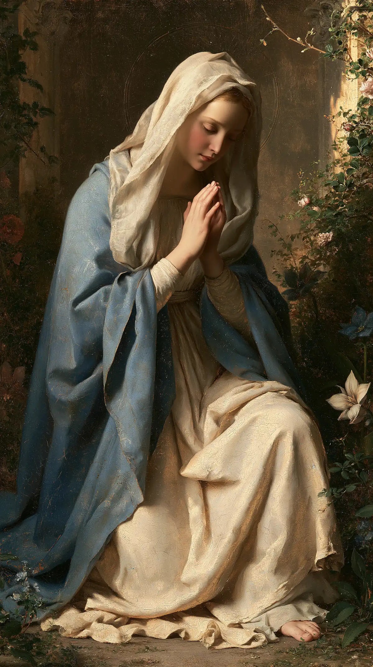 Virgin Mary in Prayer — Prayer beside the Solitary Lily