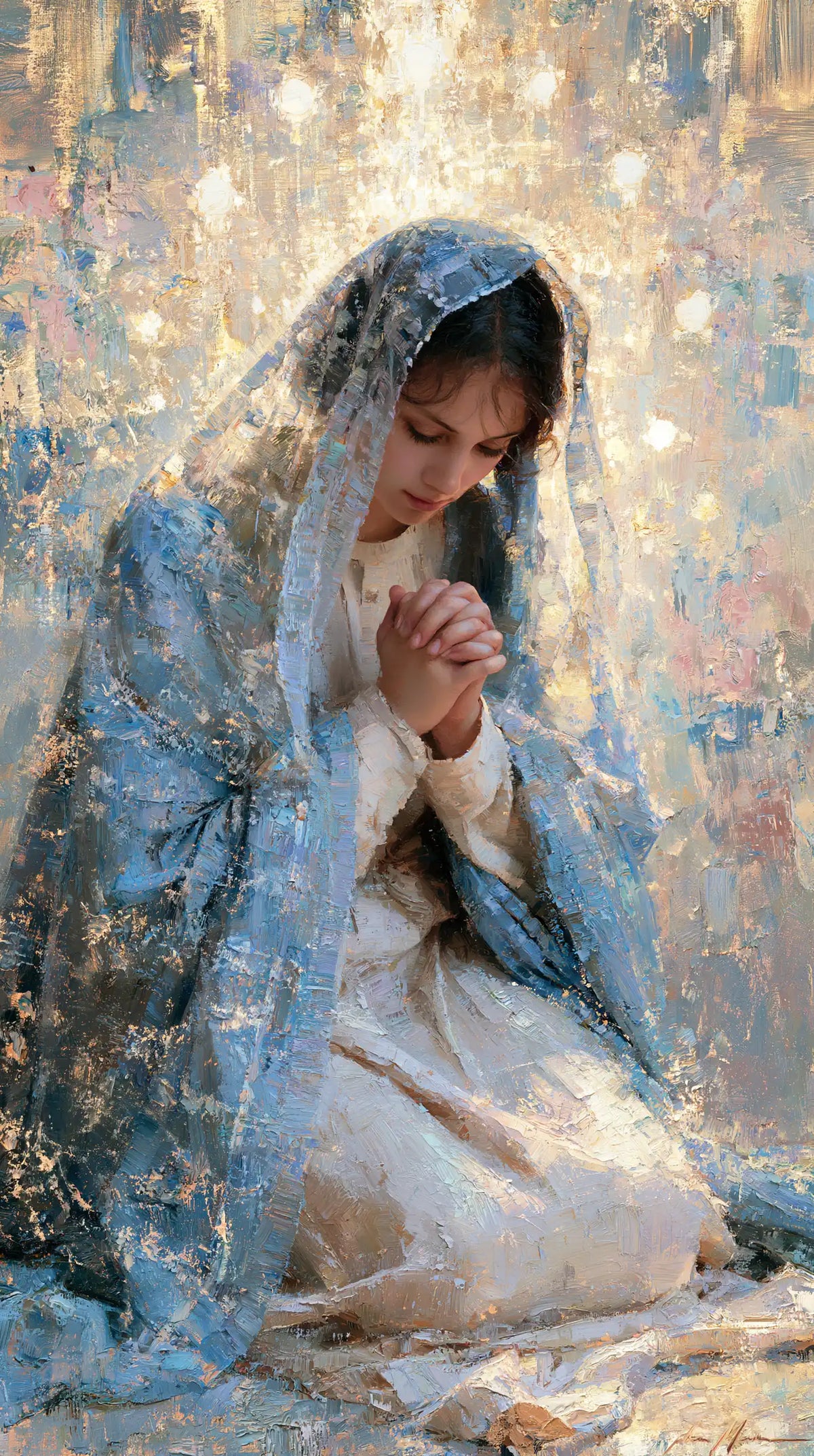 the Virgin Mary in prayer in Impressionist style, portrait Christian artwork no. 18