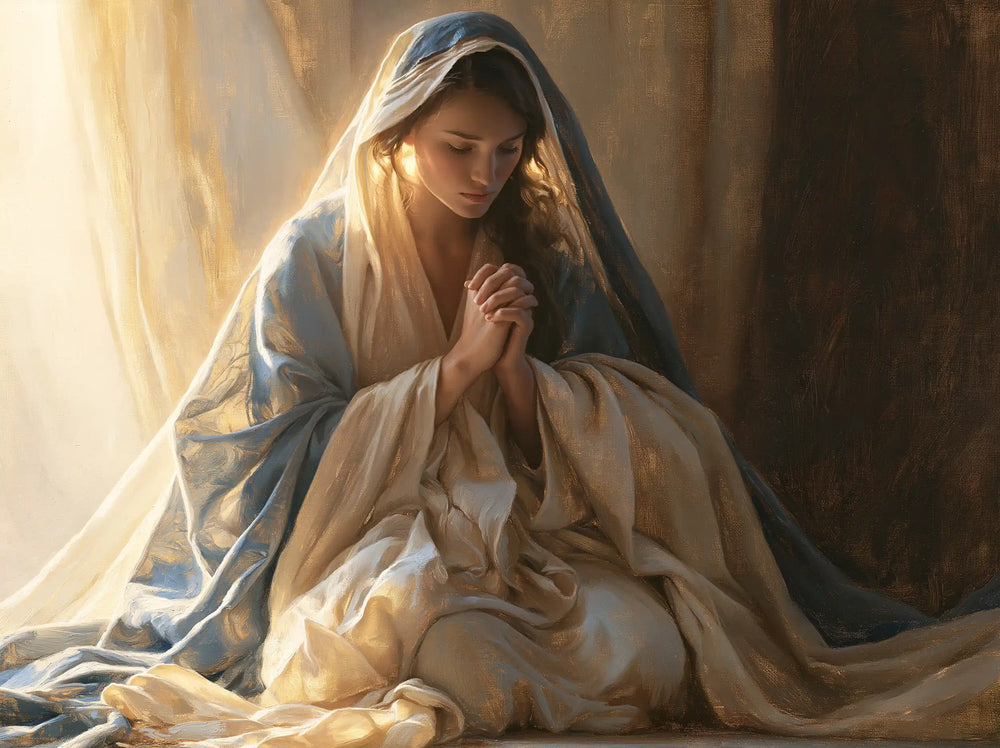 the Virgin Mary praying in a biblical-era interior in Mary in a Biblical Interior style, landscape Christian artwork no. 1