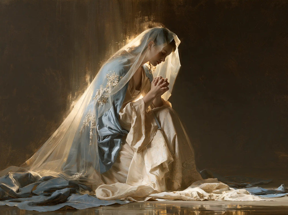 the Virgin Mary praying in a biblical-era interior in Mary in a Biblical Interior style, landscape Christian artwork no. 2