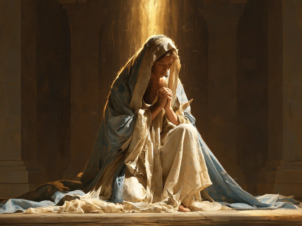 the Virgin Mary praying in a biblical-era interior in Mary in a Biblical Interior style, landscape Christian artwork no. 8