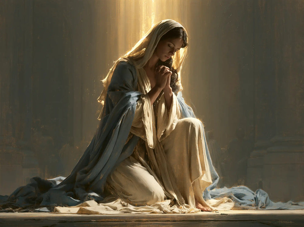 the Virgin Mary praying in a biblical-era interior in Mary in a Biblical Interior style, landscape Christian artwork no. 9
