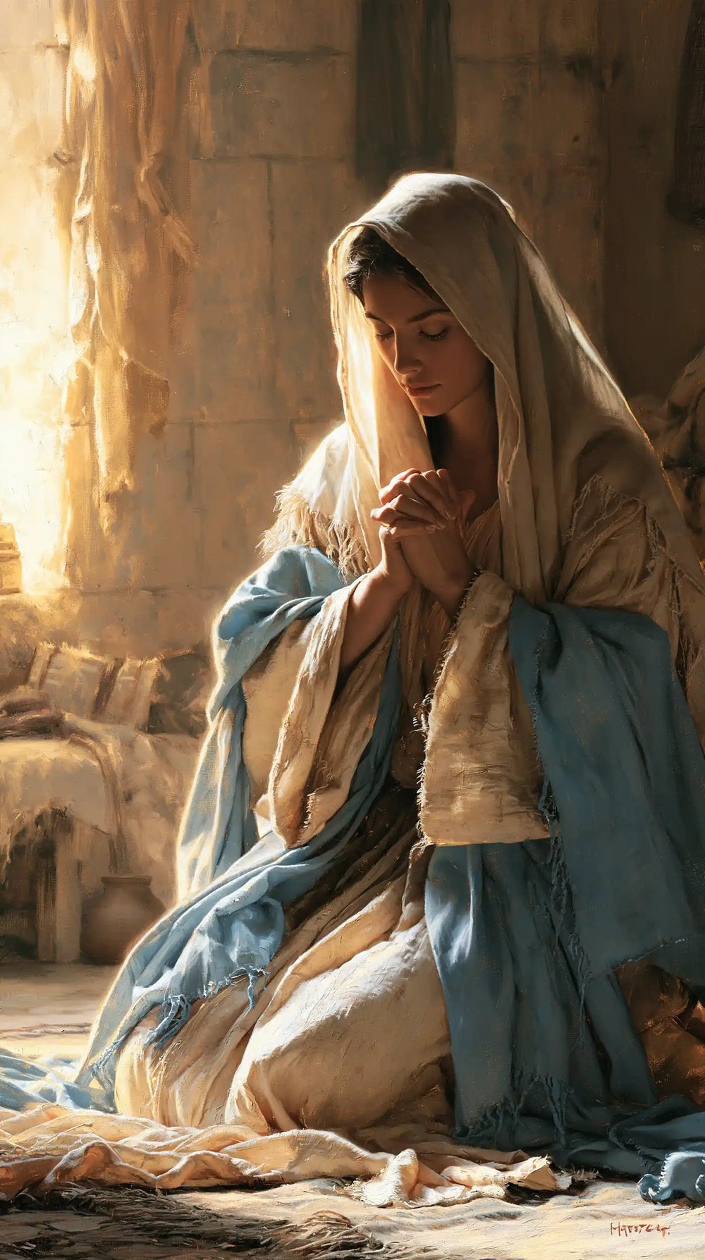the Virgin Mary praying in a biblical-era interior in Mary in a Biblical Interior style, portrait Christian artwork no. 1