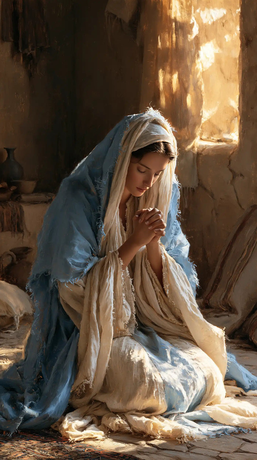 the Virgin Mary praying in a biblical-era interior in Mary in a Biblical Interior style, portrait Christian artwork no. 2