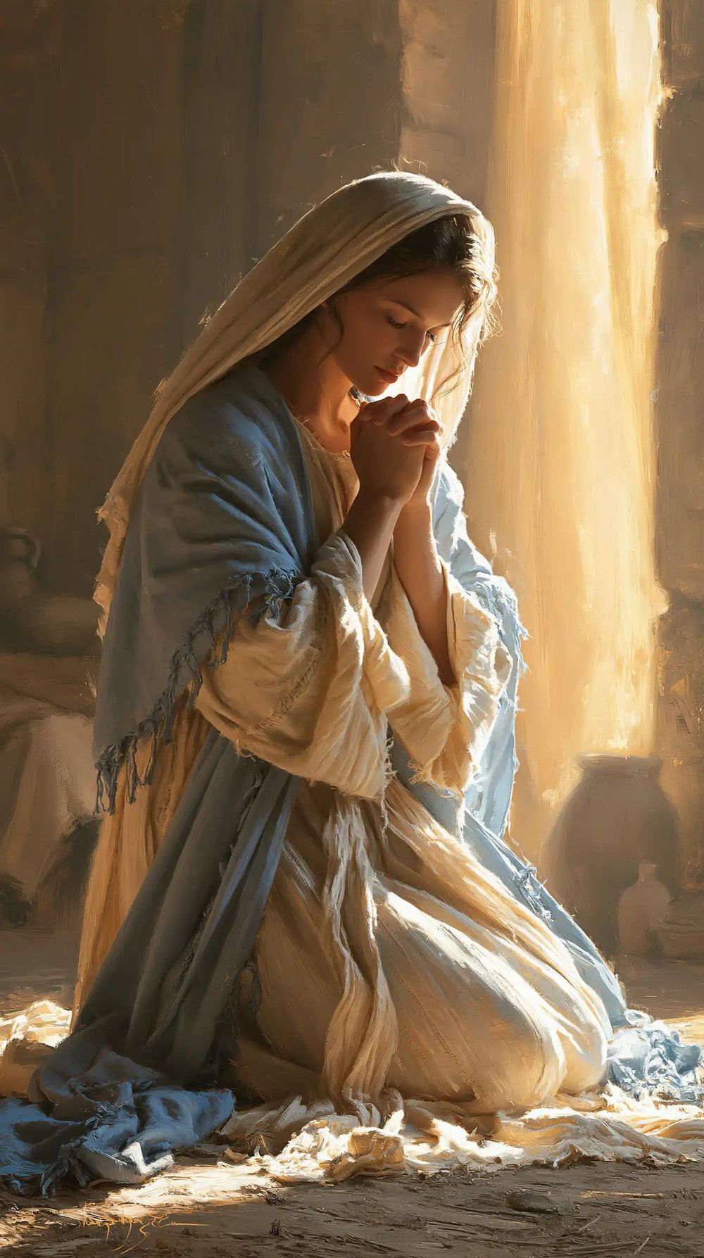 the Virgin Mary praying in a biblical-era interior in Mary in a Biblical Interior style, portrait Christian artwork no. 3