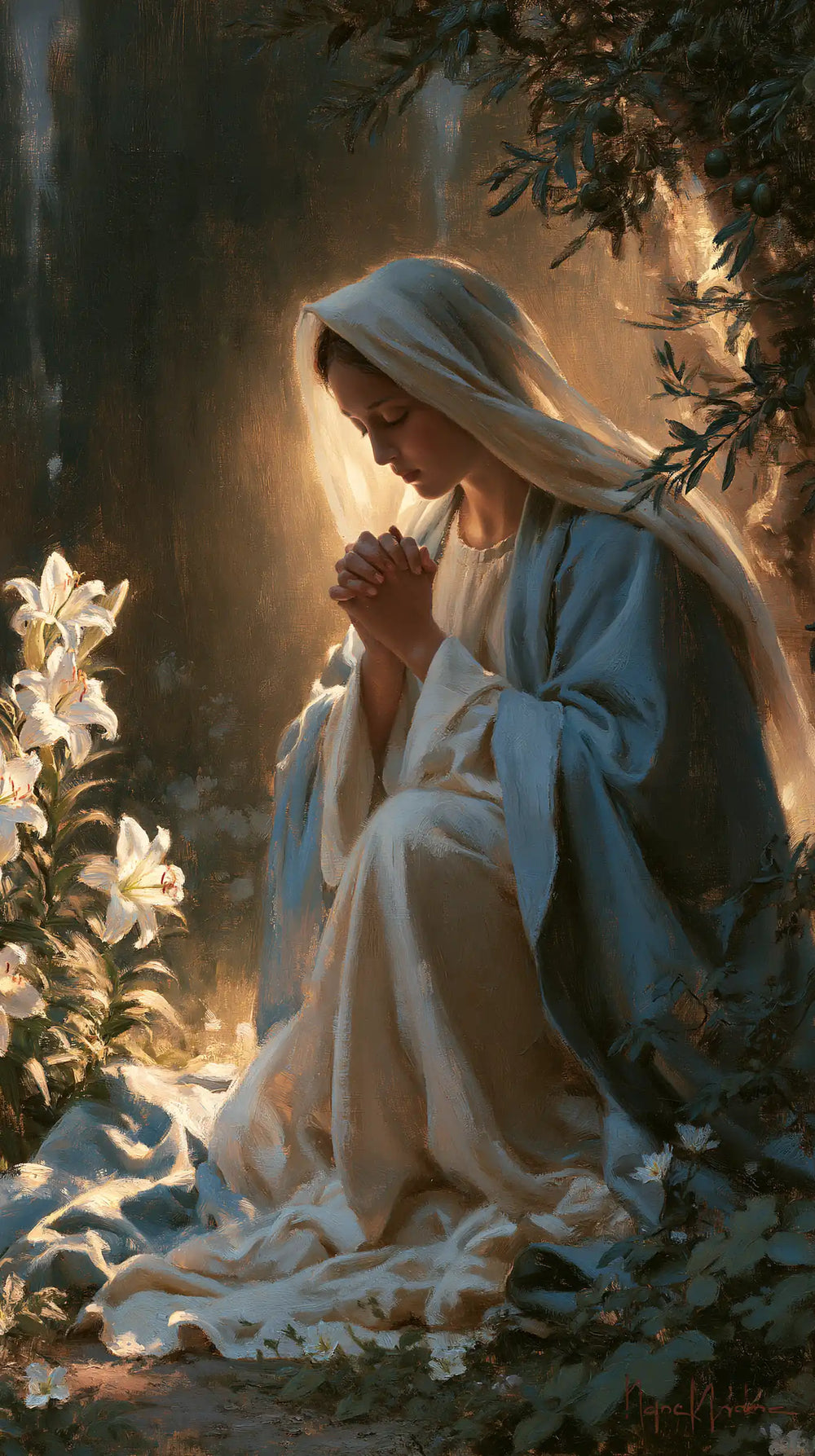 the Virgin Mary praying in a biblical-era interior in Mary in a Biblical Interior style, portrait Christian artwork no. 4