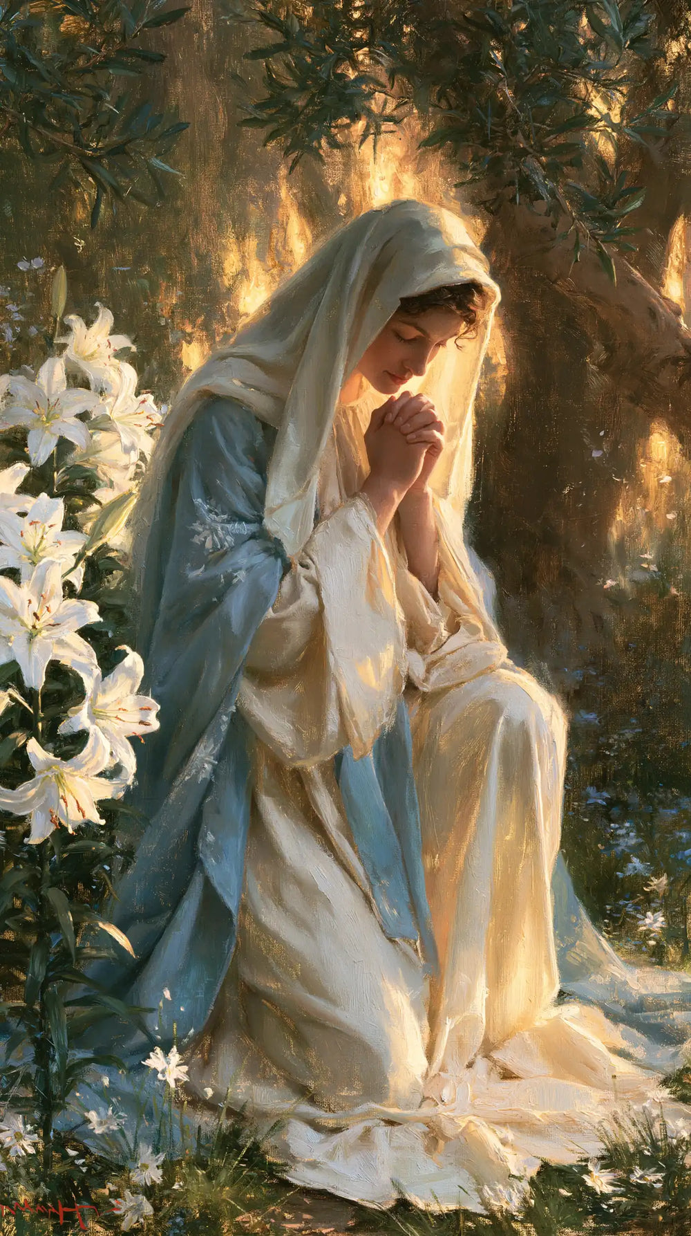 the Virgin Mary praying in a biblical-era interior in Mary in a Biblical Interior style, portrait Christian artwork no. 6