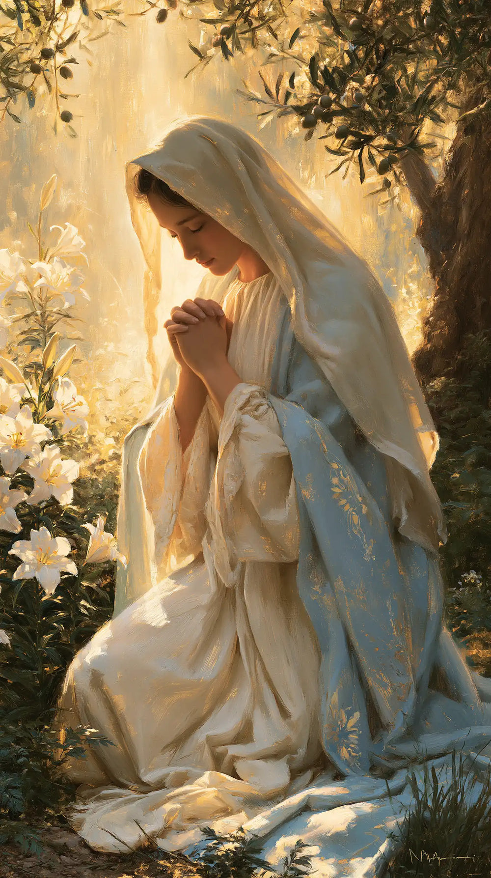 the Virgin Mary praying in a biblical-era interior in Mary in a Biblical Interior style, portrait Christian artwork no. 7
