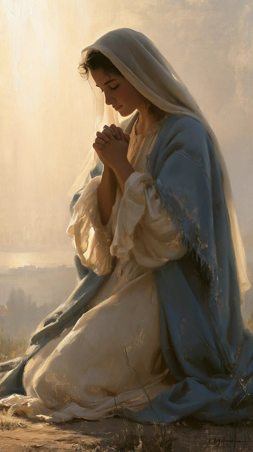 the Virgin Mary praying in a biblical-era interior in Mary in a Biblical Interior style, portrait Christian artwork no. 8