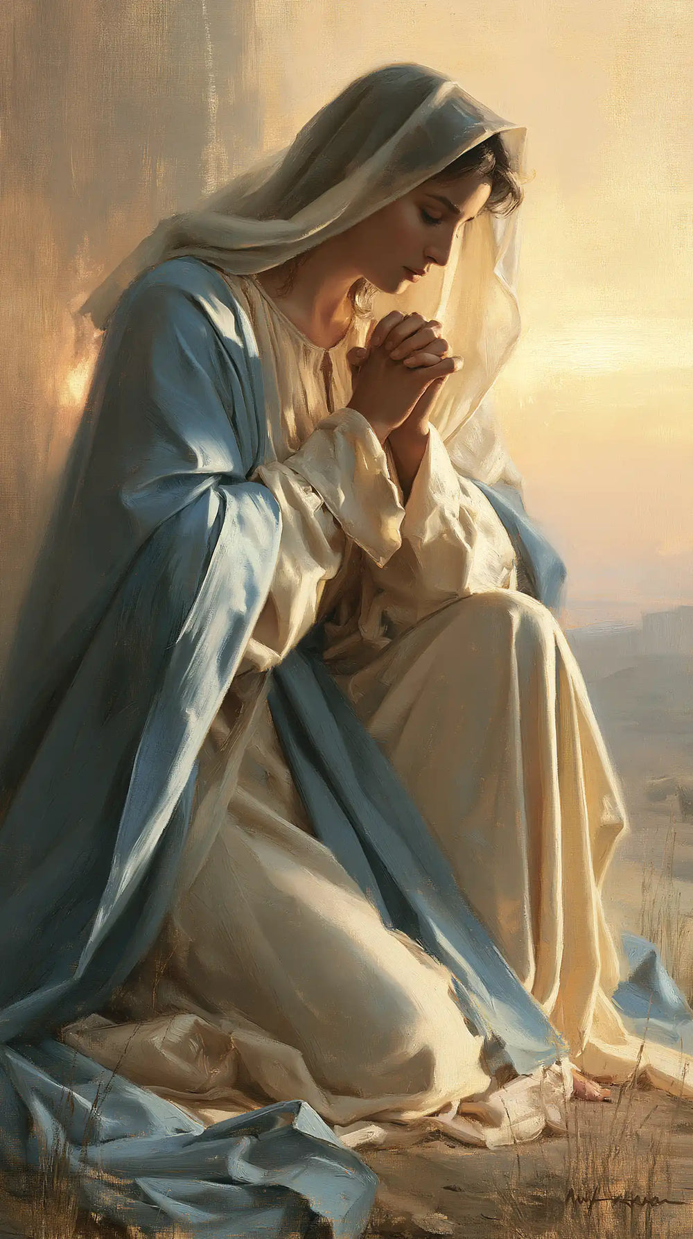 the Virgin Mary praying in a biblical-era interior in Mary in a Biblical Interior style, portrait Christian artwork no. 10