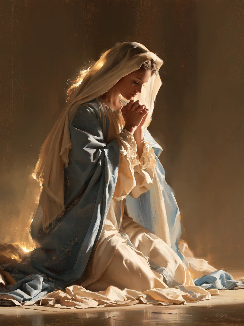the Virgin Mary praying in a biblical-era interior in Mary in a Biblical Interior style, portrait Christian artwork no. 16