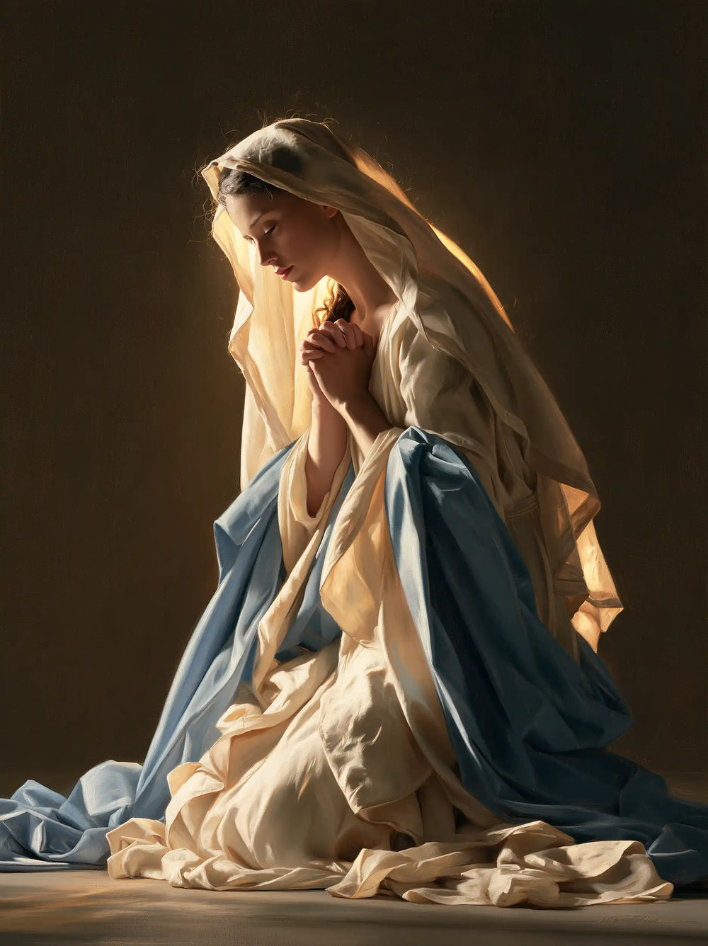the Virgin Mary praying in a biblical-era interior in Mary in a Biblical Interior style, portrait Christian artwork no. 18
