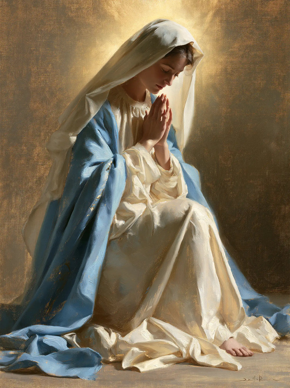 the Virgin Mary praying in a biblical-era interior in Mary in a Biblical Interior style, portrait Christian artwork no. 19