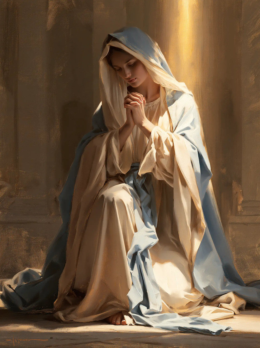 the Virgin Mary praying in a biblical-era interior in Mary in a Biblical Interior style, portrait Christian artwork no. 22