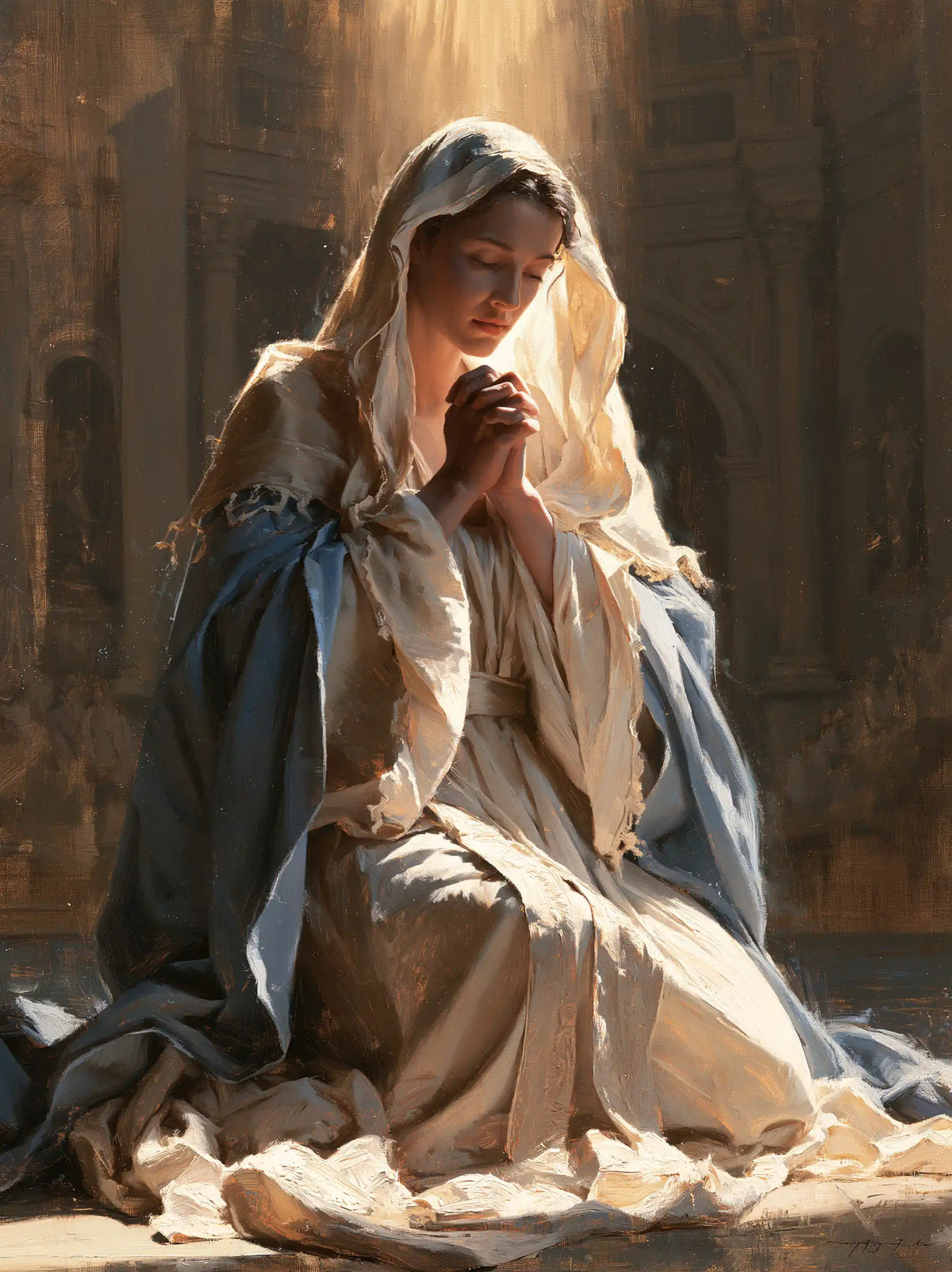 Virgin Mary in Prayer — Lace beneath the Ray