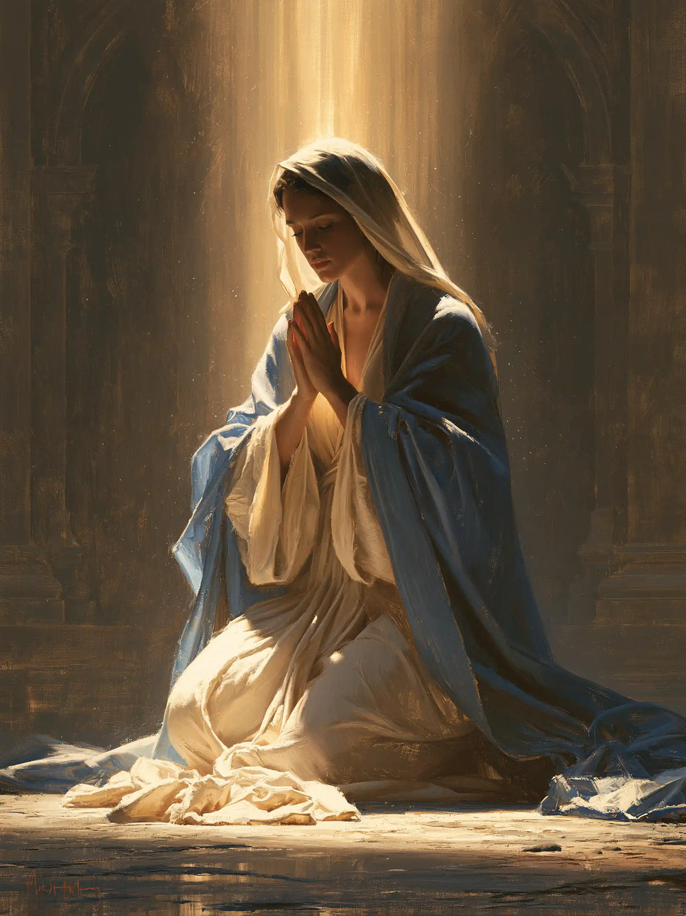 the Virgin Mary praying in a biblical-era interior in Mary in a Biblical Interior style, portrait Christian artwork no. 24