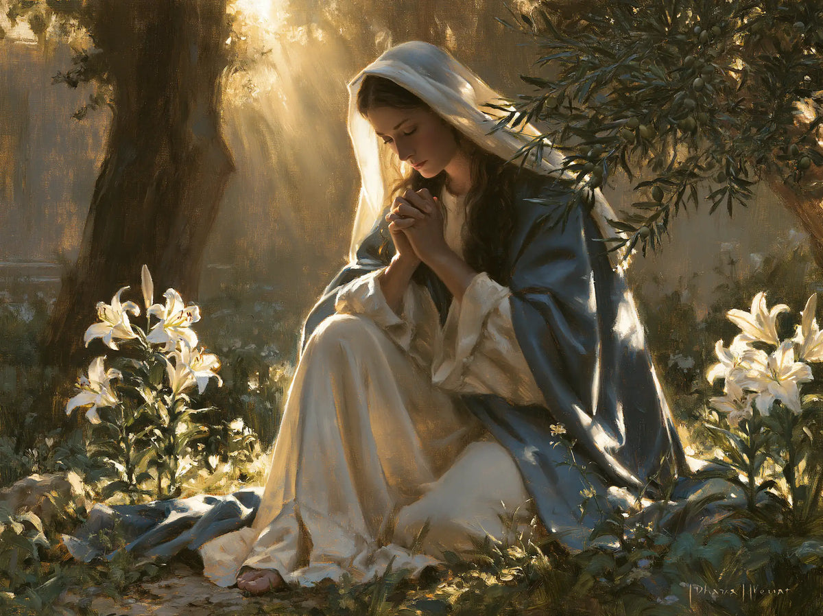the Virgin Mary praying in a sacred garden in Mary in a Sacred Garden style, landscape Christian artwork no. 1