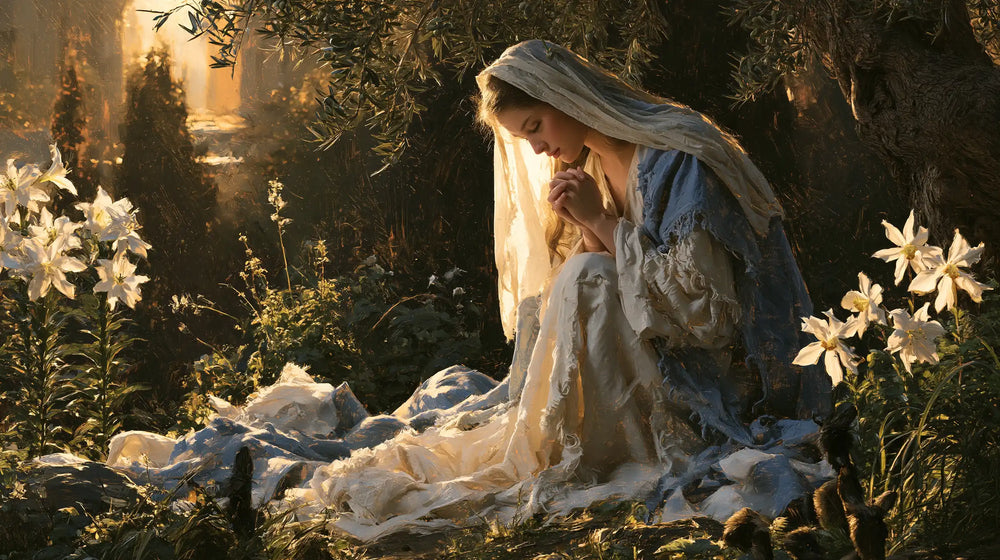 the Virgin Mary praying in a sacred garden in Mary in a Sacred Garden style, landscape Christian artwork no. 6