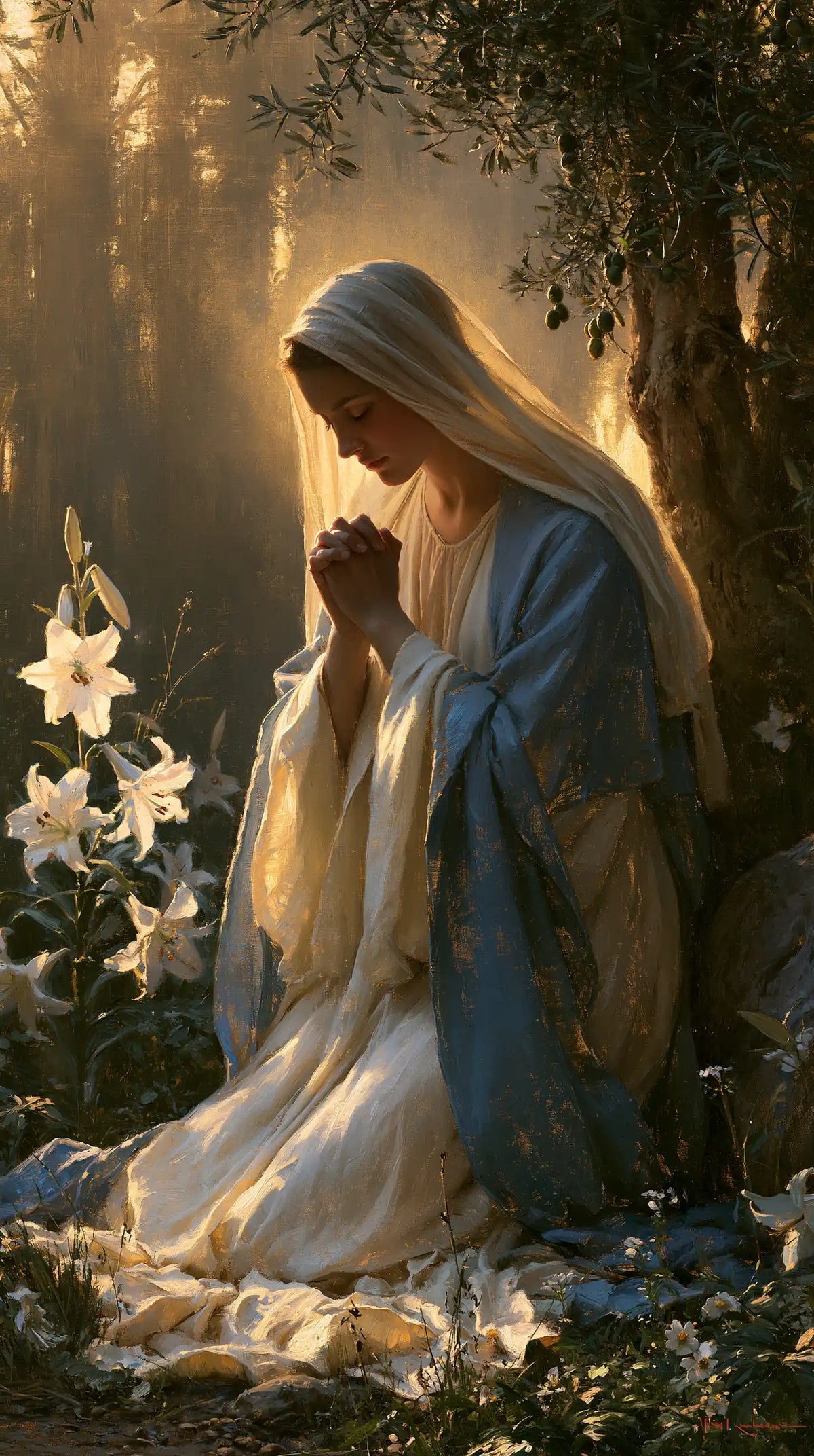 the Virgin Mary praying in a sacred garden in Mary in a Sacred Garden style, portrait Christian artwork no. 2