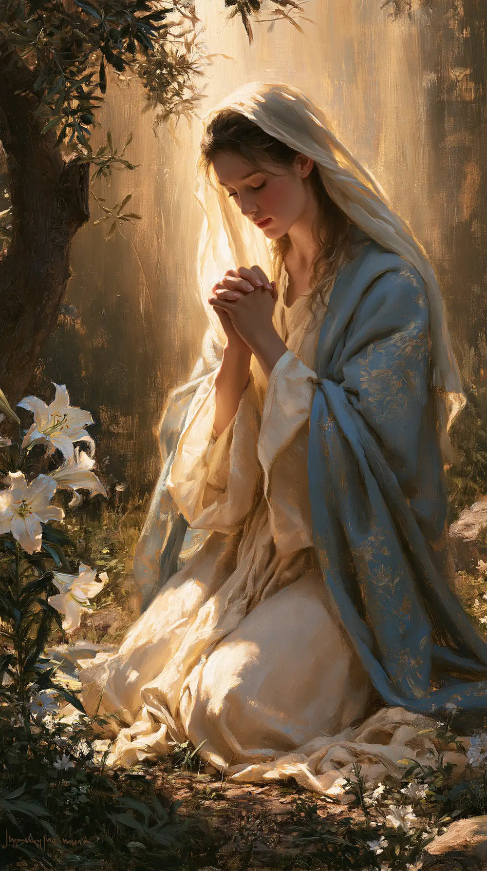 the Virgin Mary praying in a sacred garden in Mary in a Sacred Garden style, portrait Christian artwork no. 3