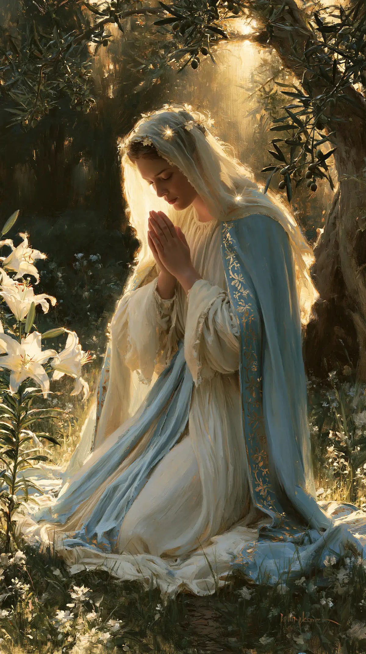 the Virgin Mary praying in a sacred garden in Mary in a Sacred Garden style, portrait Christian artwork no. 7