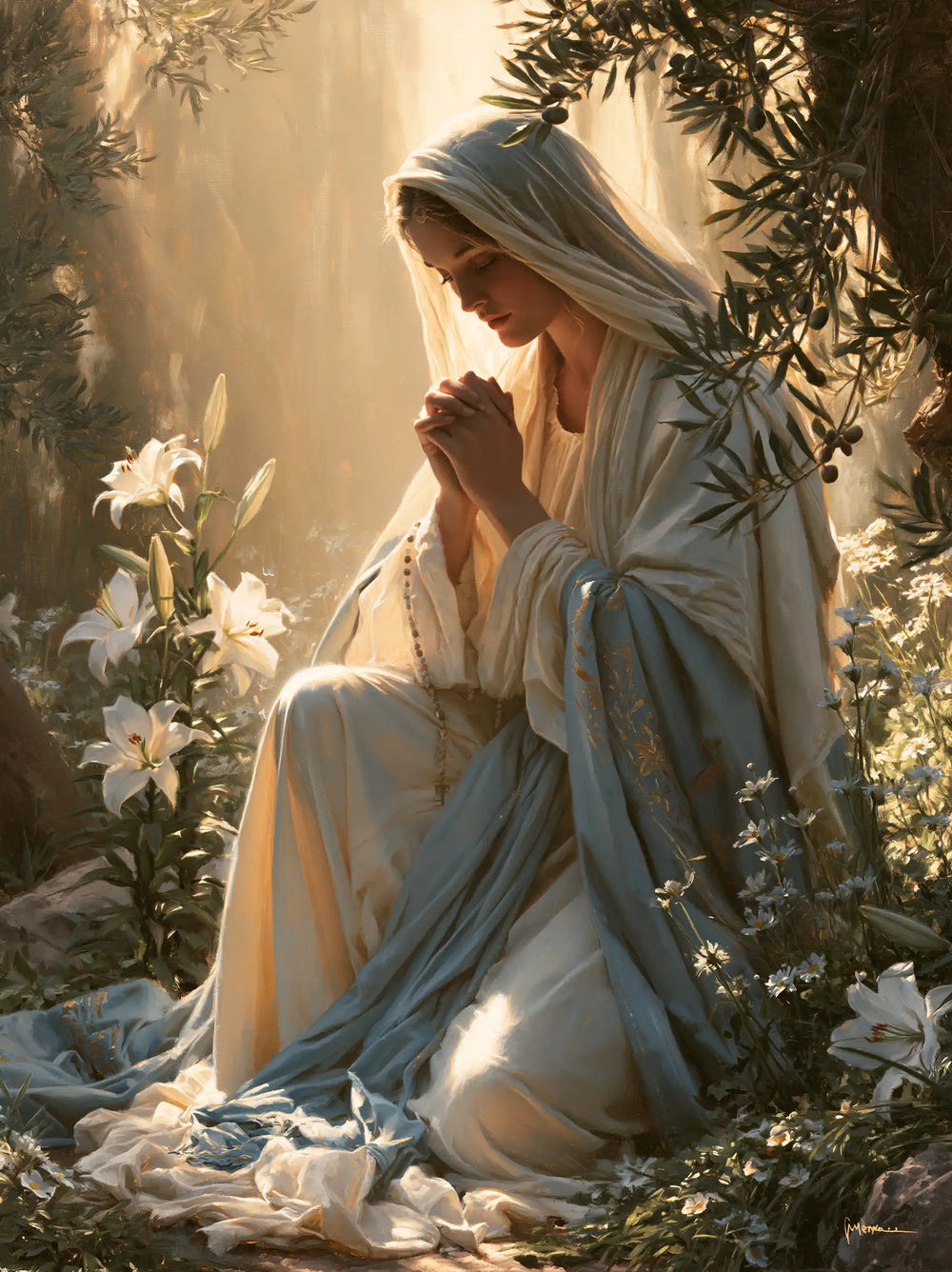 the Virgin Mary praying in a sacred garden in Mary in a Sacred Garden style, portrait Christian artwork no. 11