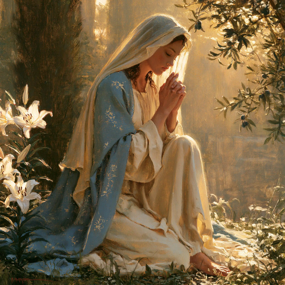 the Virgin Mary praying in a sacred garden in Mary in a Sacred Garden style, square Christian artwork no. 1