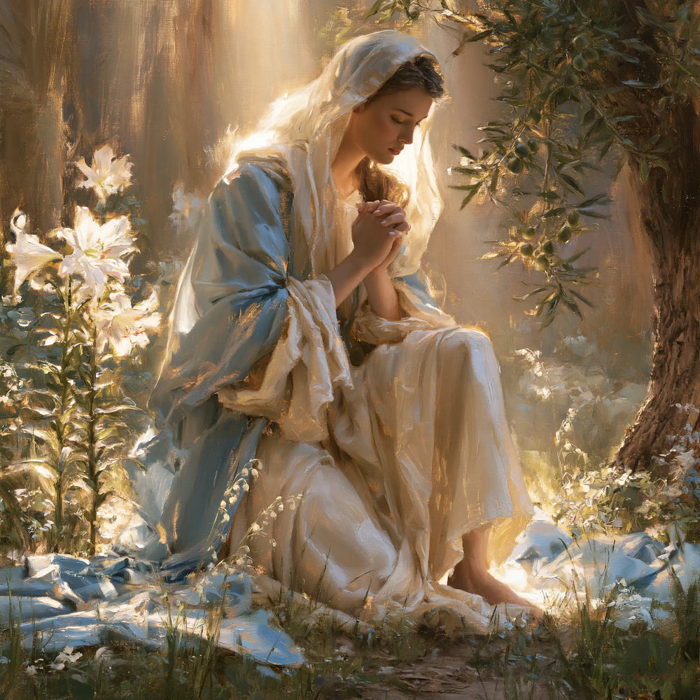 the Virgin Mary praying in a sacred garden in Mary in a Sacred Garden style, square Christian artwork no. 2