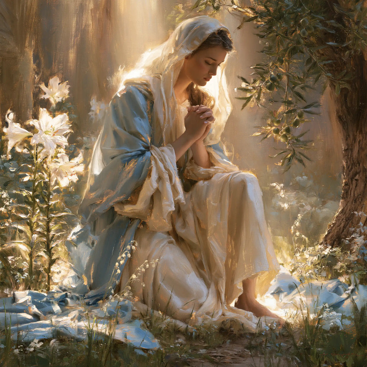 the Virgin Mary praying in a sacred garden in Mary in a Sacred Garden style, square Christian artwork no. 2