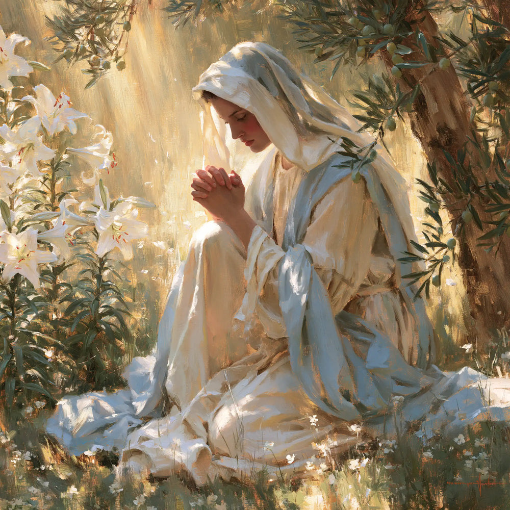 the Virgin Mary praying in a sacred garden in Mary in a Sacred Garden style, square Christian artwork no. 3
