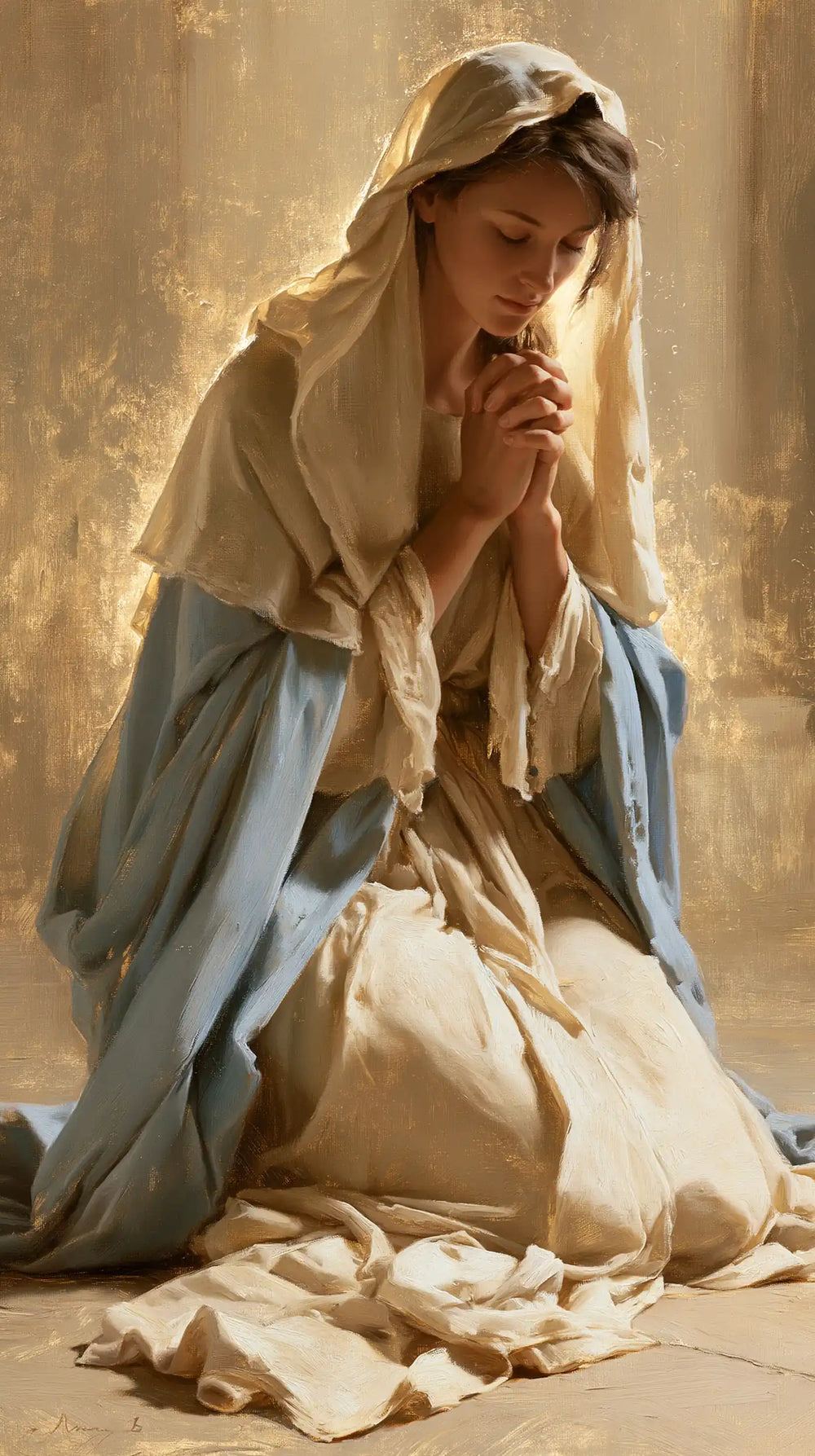 the Virgin Mary illuminated during prayer in Mary in Divine Light style, portrait Christian artwork no. 1