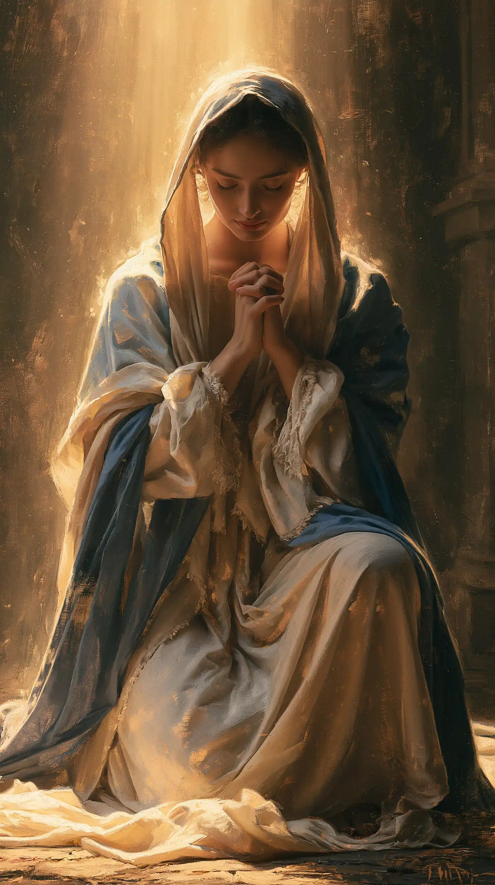 the Virgin Mary illuminated during prayer in Mary in Divine Light style, portrait Christian artwork no. 4