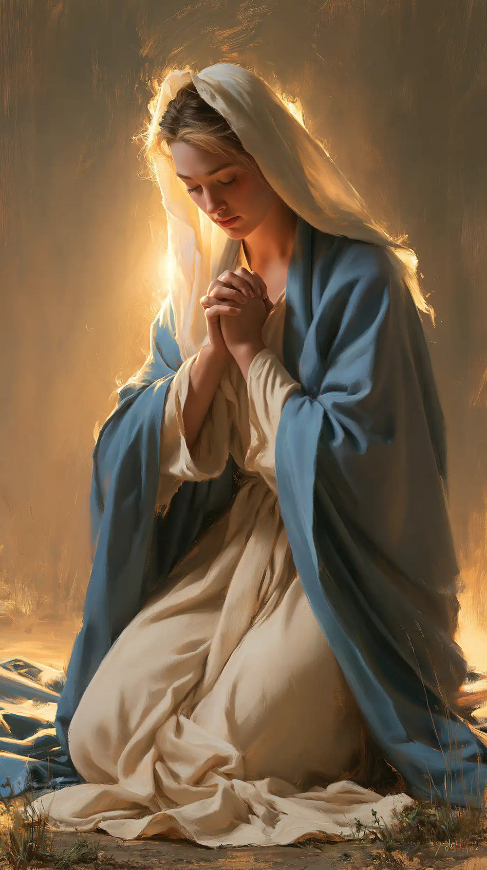 the Virgin Mary illuminated during prayer in Mary in Divine Light style, portrait Christian artwork no. 9