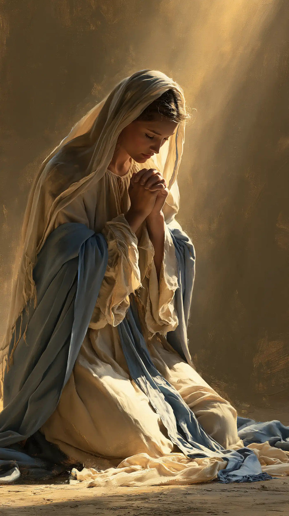 the Virgin Mary illuminated during prayer in Mary in Divine Light style, portrait Christian artwork no. 10