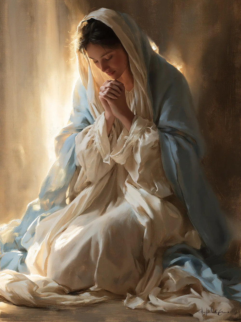 the Virgin Mary illuminated during prayer in Mary in Divine Light style, portrait Christian artwork no. 12