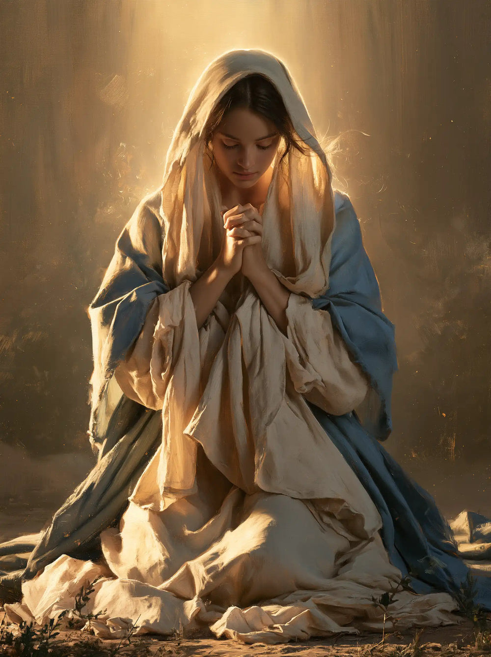 the Virgin Mary illuminated during prayer in Mary in Divine Light style, portrait Christian artwork no. 13