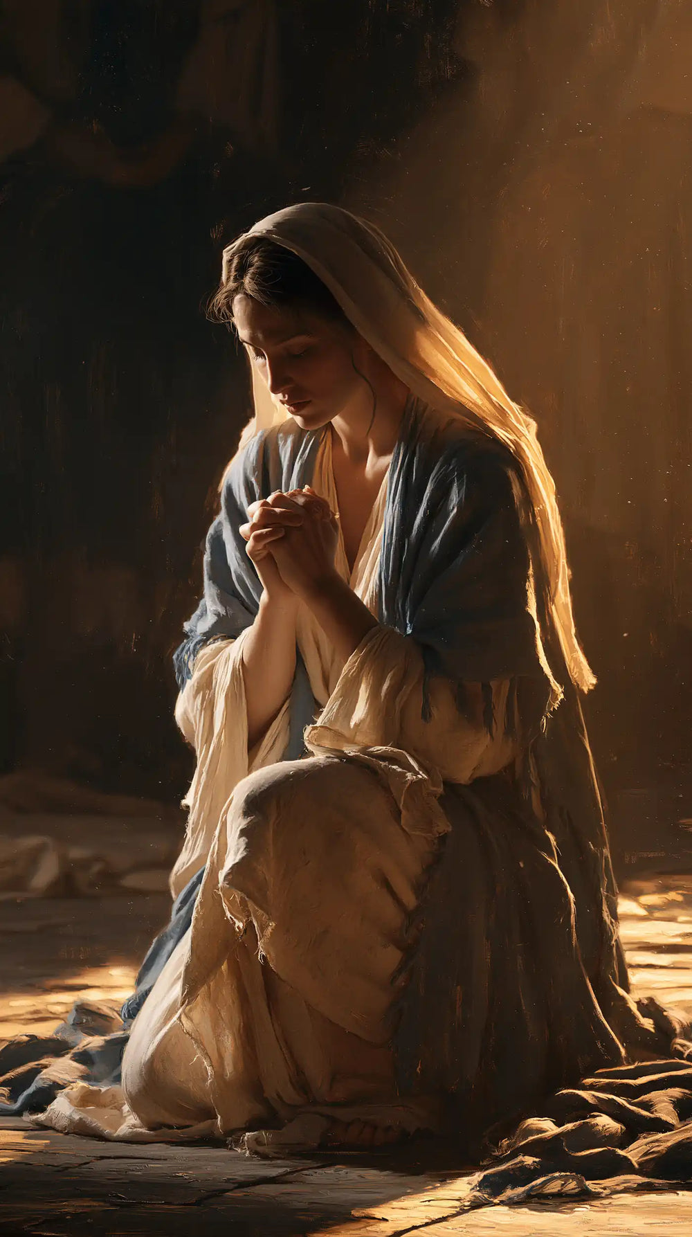 the Virgin Mary illuminated during prayer in Mary in Divine Light style, portrait Christian artwork no. 14