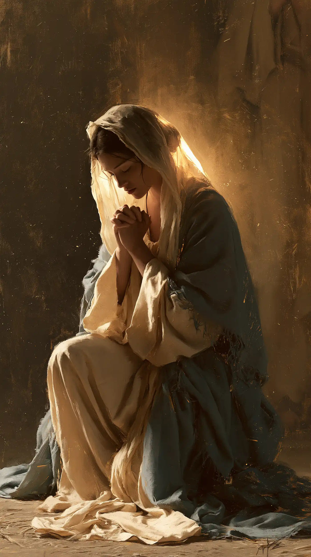 the Virgin Mary illuminated during prayer in Mary in Divine Light style, portrait Christian artwork no. 16